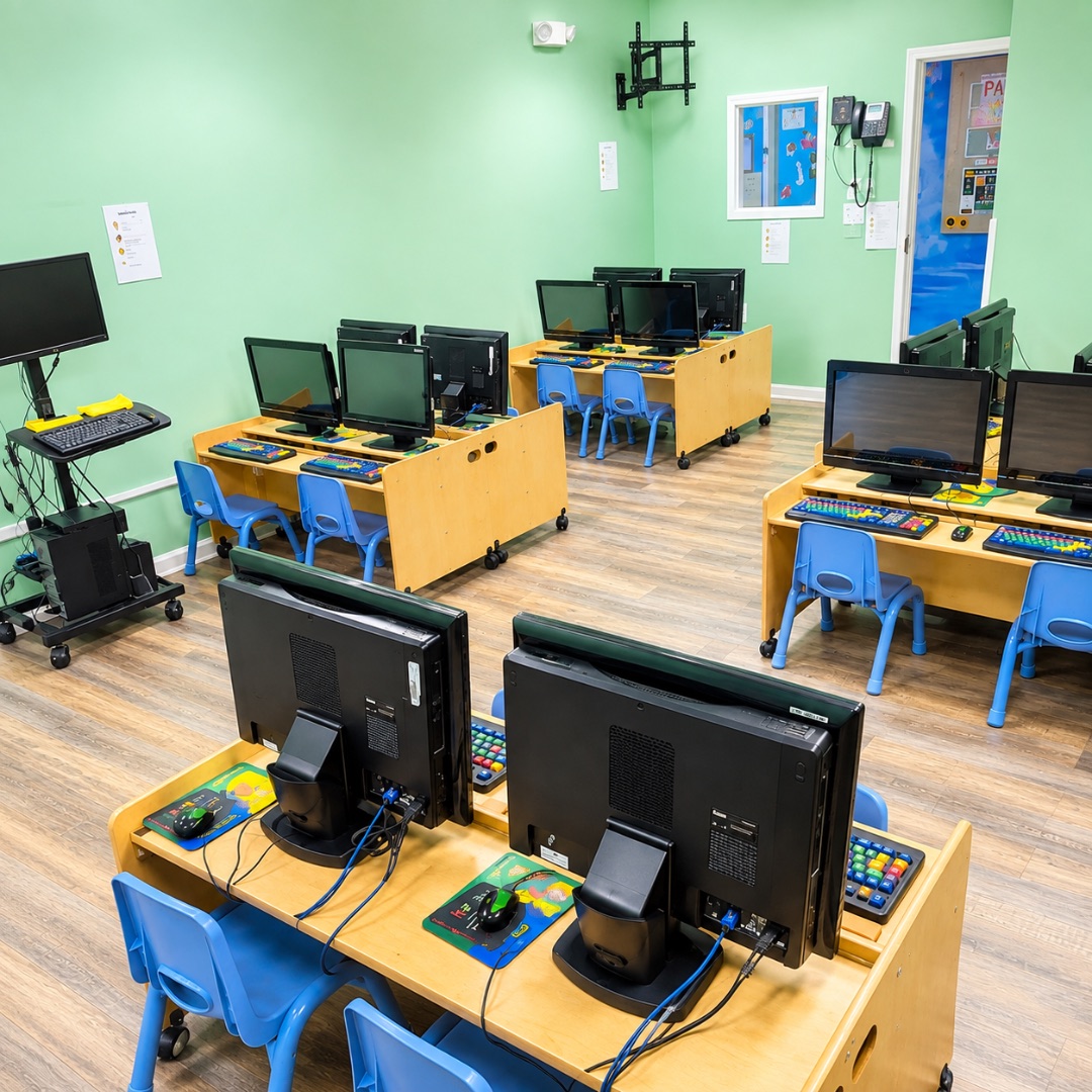 Green-walled computer lab with child-height wooden desks, monitors, colorful oversized keyboards and blue chairs