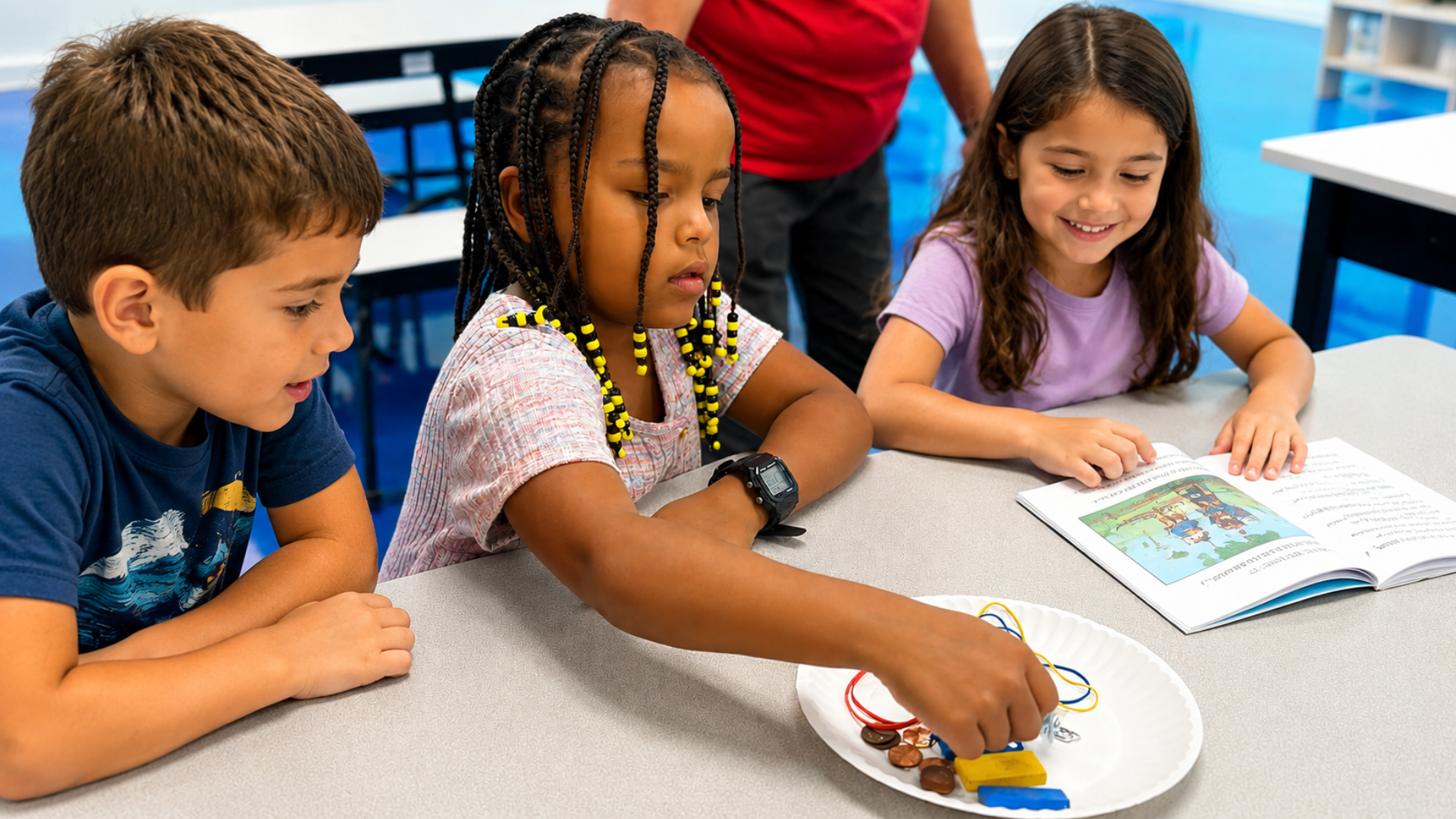 Three pre-K children at a classroom table sorting coins, rubber bands and blocks on a paper plate while one follows along in a picture book