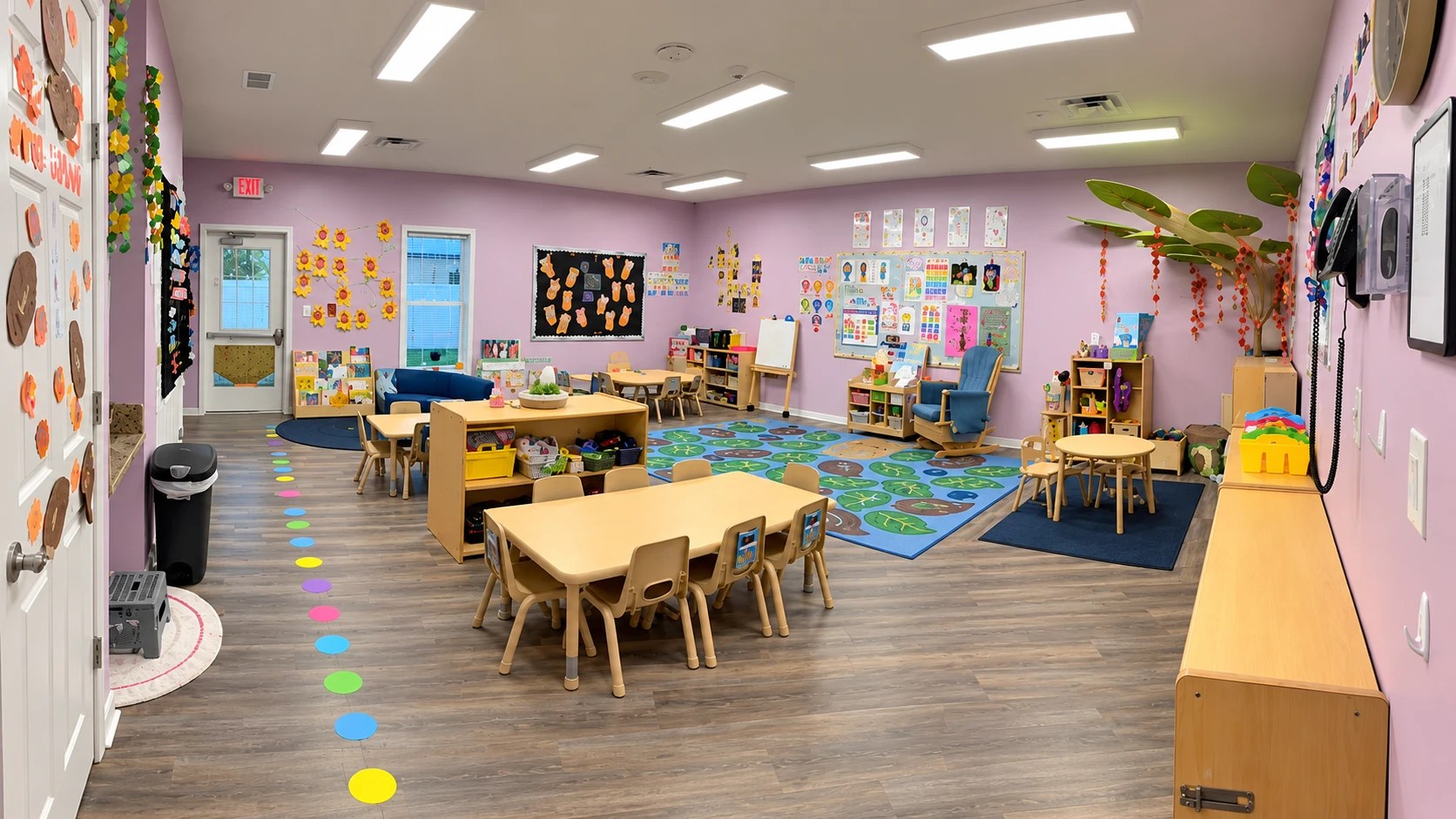 A bright preschool classroom with small tables, chairs, book shelves, and colorful rugs