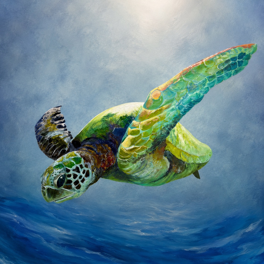 Hand-painted ocean mural in the campus hallway showing a green sea turtle gliding through sunlit blue water
