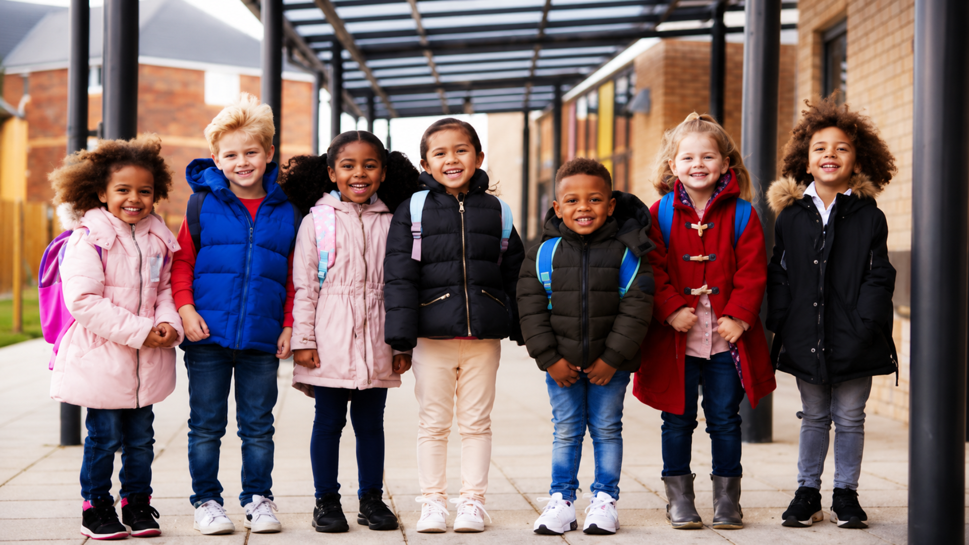 A row of seven pre-K children in winter coats and backpacks standing together and smiling under a covered school walkway