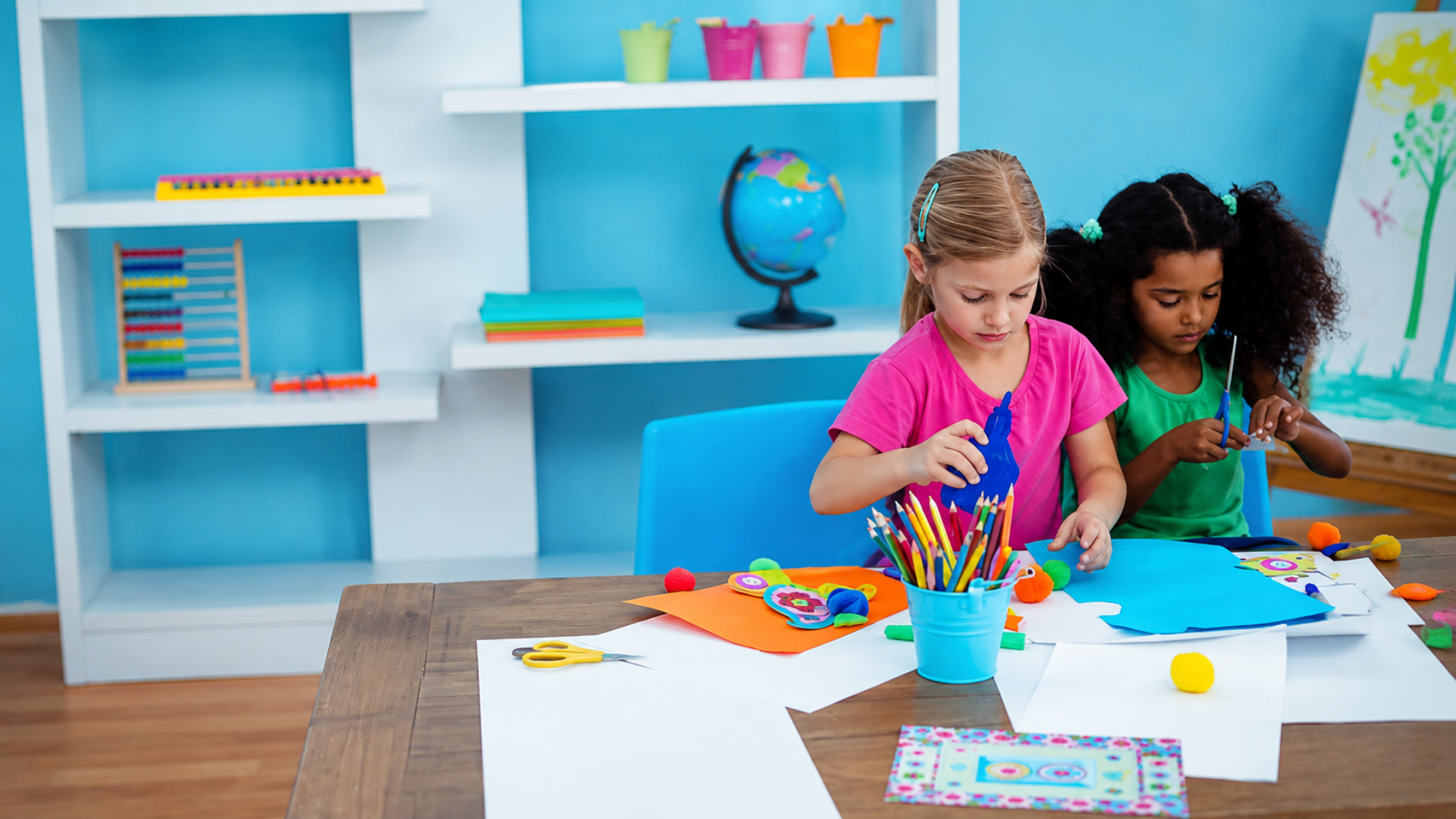 Two children at a classroom table cutting and coloring construction paper with colored pencils