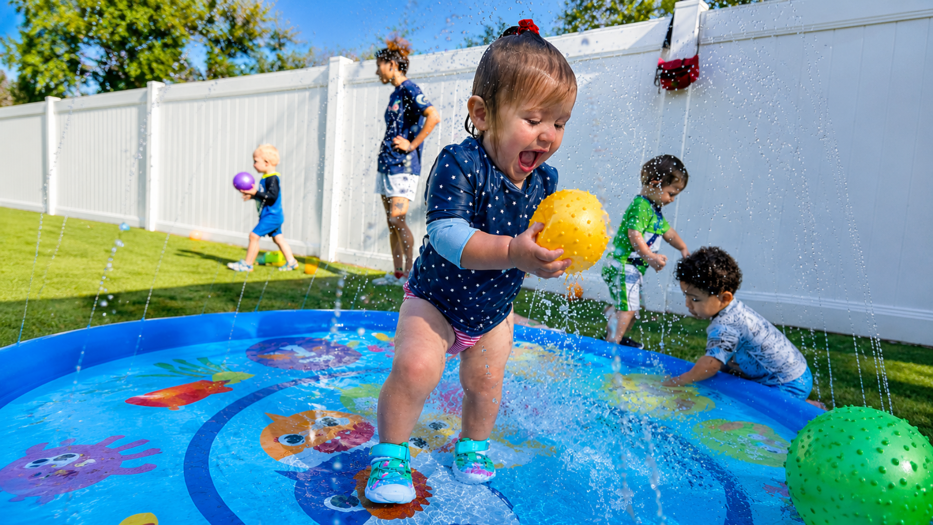 A laughing toddler in a navy star swimsuit splashing in an outdoor sprinkler pool, holding a yellow ball while other children play nearby