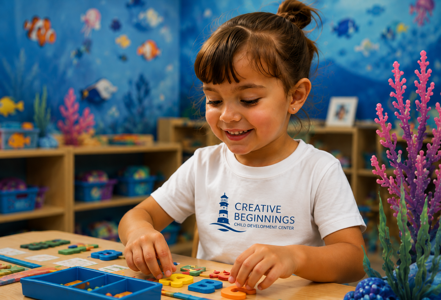 Preschool girl smiling while playing with colorful letter puzzle pieces at a table