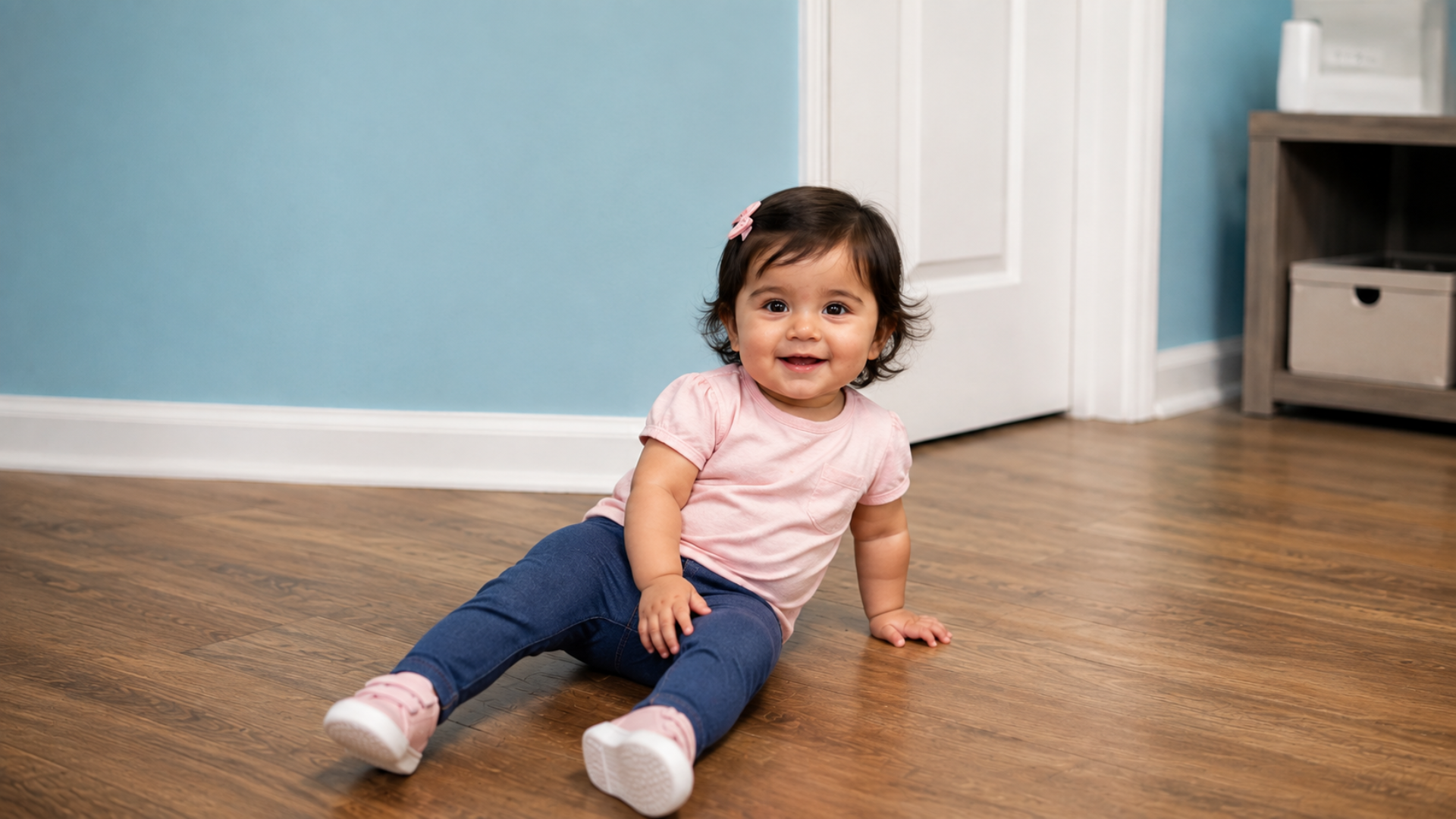 A smiling baby girl in a pink shirt and jeans sitting on the wood floor of a light blue infant classroom