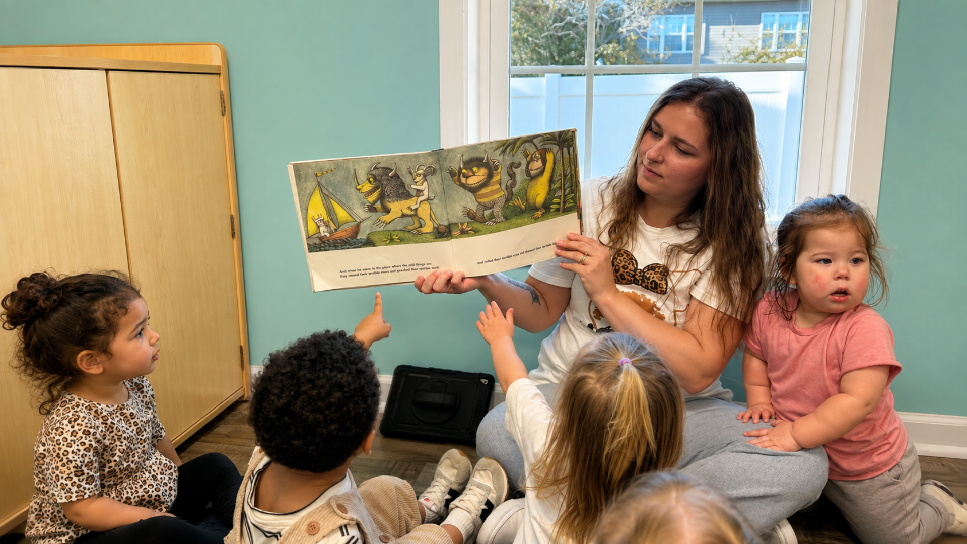 A teacher reading a picture book aloud to five toddlers gathered around her on the floor of a teal classroom, one child pointing at the page